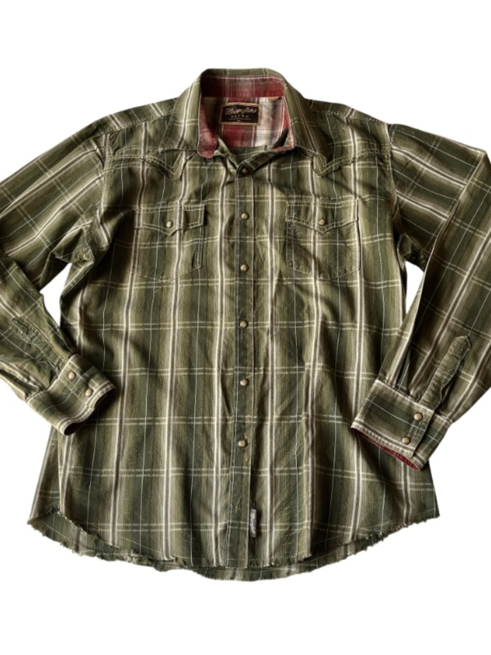 Wrangler Retro Olive Plaid Snap Up Distressed Shirt
